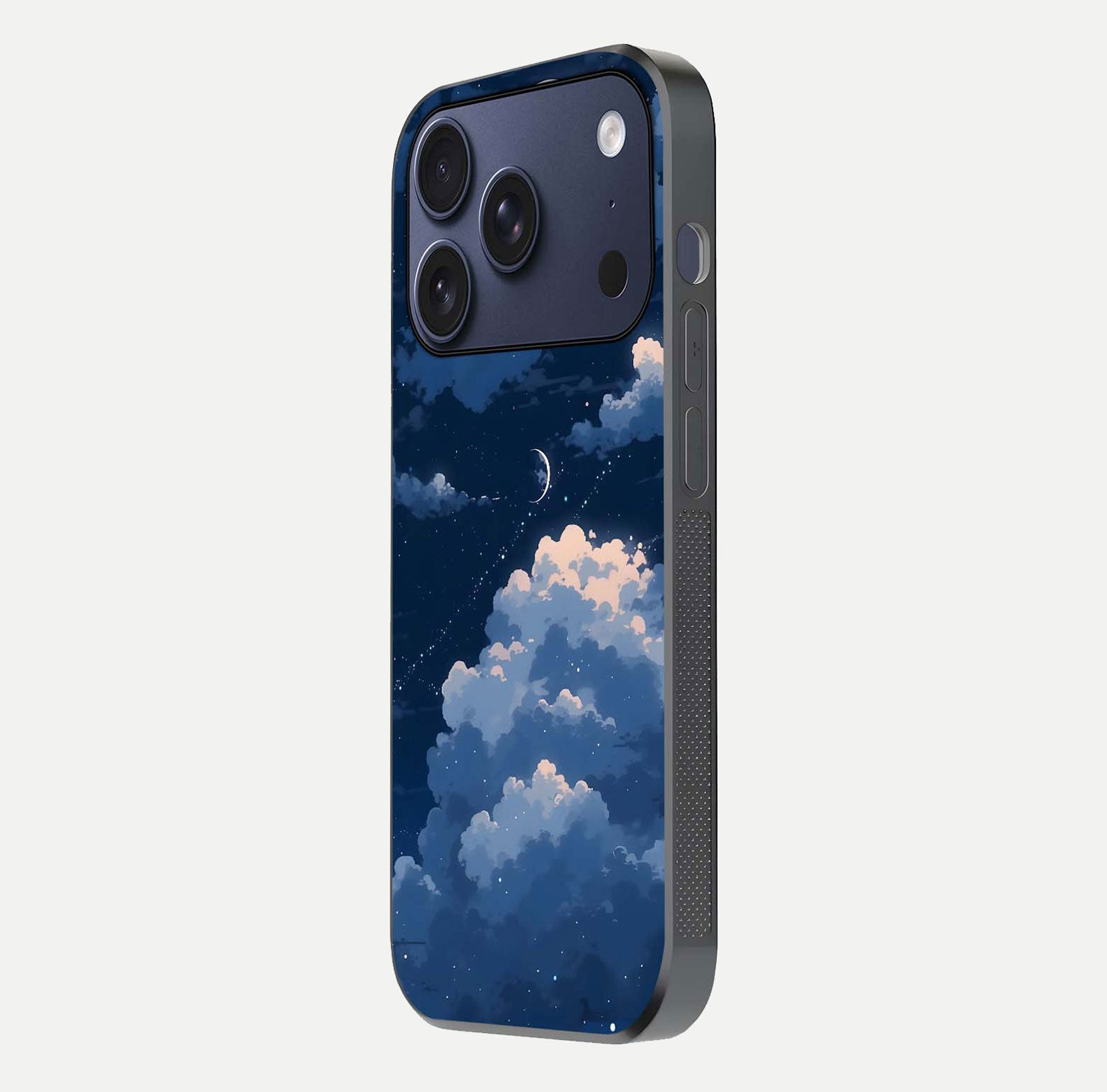 Moon Dream Haze Glass Case for iPhone 17 Pro side-angle image showing HD reflection and moonlight detailing