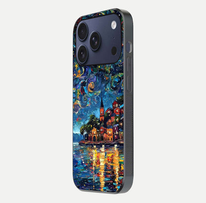 Moonlight Harbor Glow Glass Case for iPhone 17 Pro side-angle image showing reflective surface and ocean tones