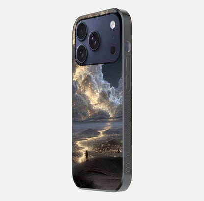 Moonlight Spark Path Glass Case for iPhone 17 Pro side-angle image showing reflection and moonlit detail