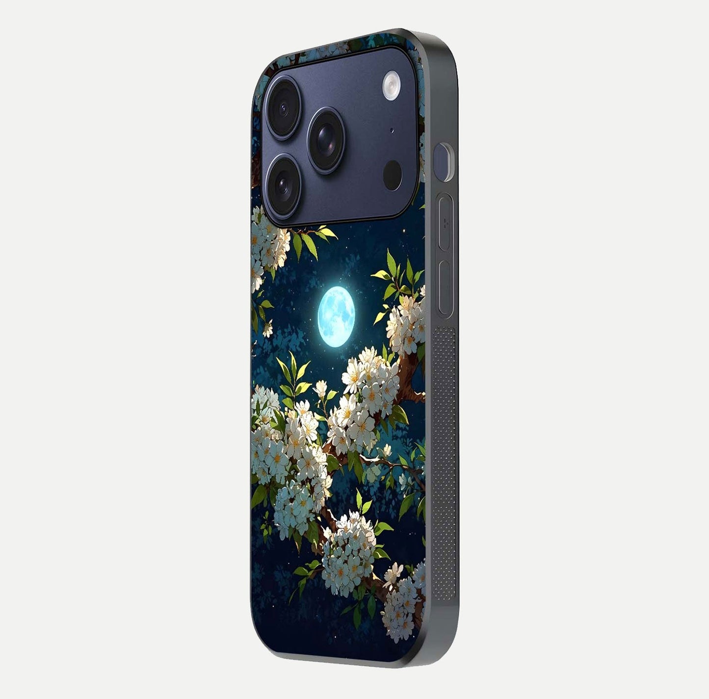 Moonlit Blossom Dream Glass Case for iPhone 17 Pro side-angle image showing shine depth and flower glow