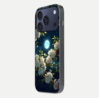 Moonlit Blossom Dream Glass Case for iPhone 17 Pro side-angle image showing shine depth and flower glow