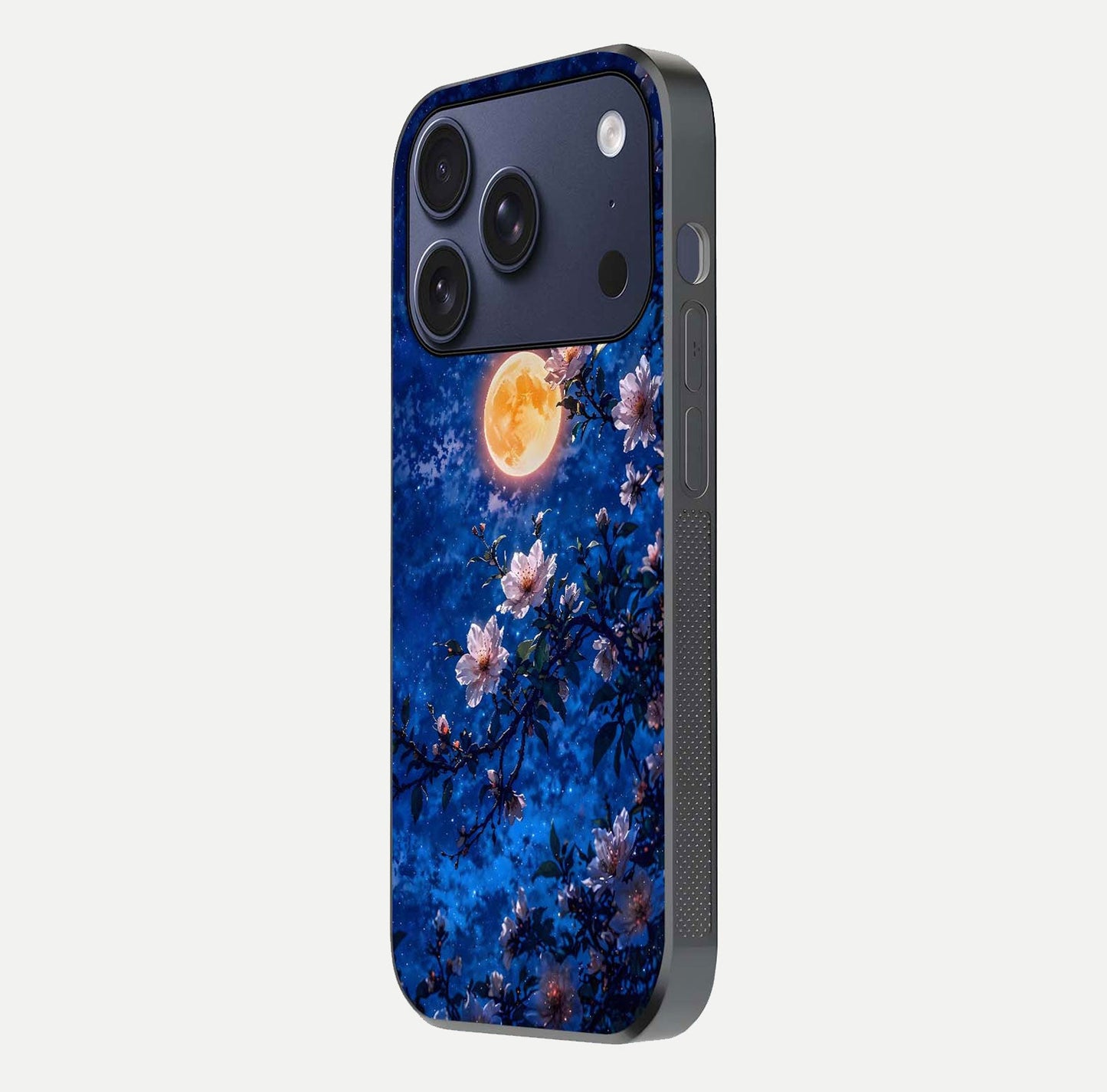 Moonlit Blossoms Night Glass Case for iPhone 17 Pro side-angle image revealing shine and night bloom texture