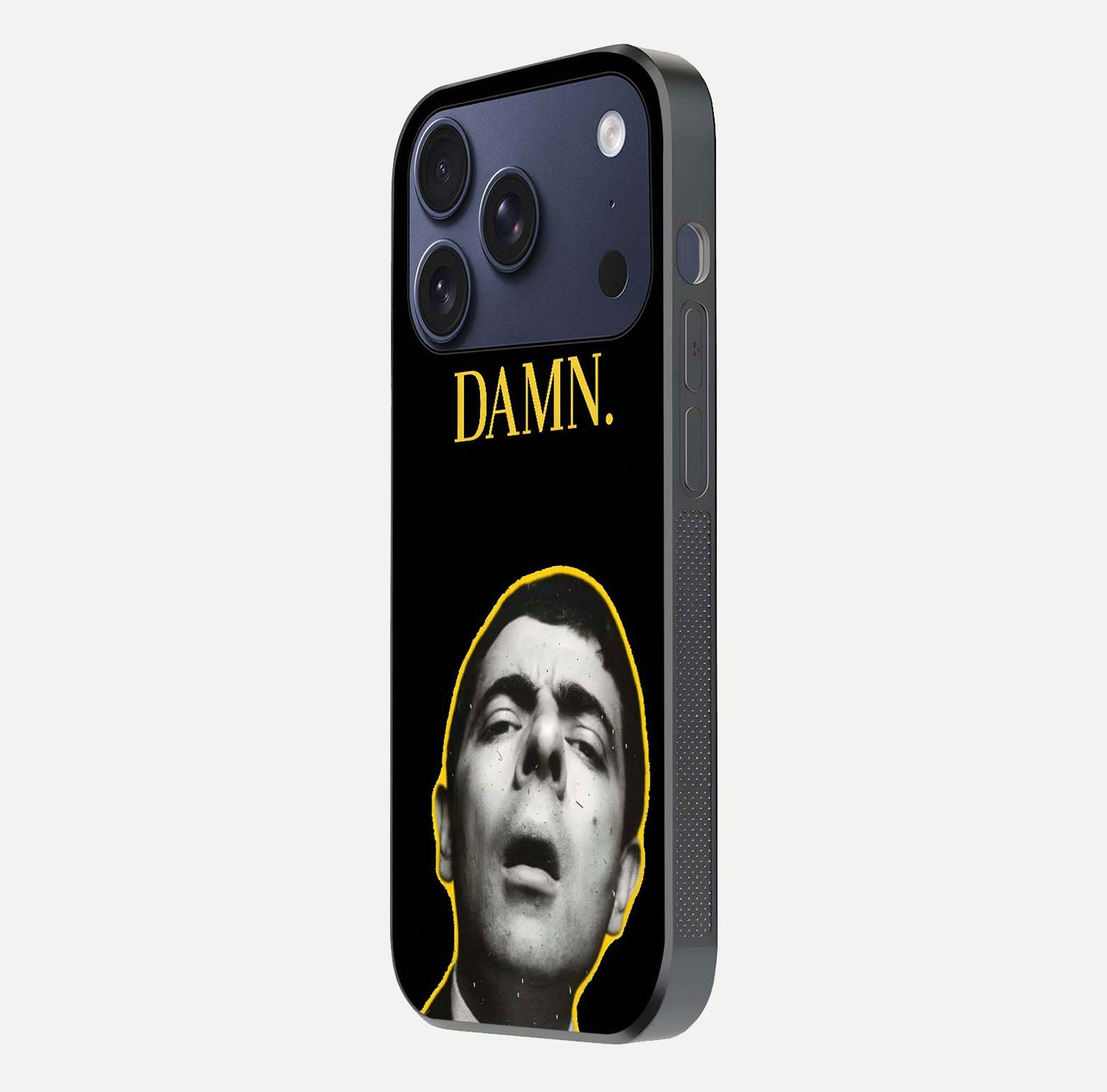 Mr Bean Damn Glass Case for iPhone 17 Pro side-angle image emphasizing HD print clarity and playful theme