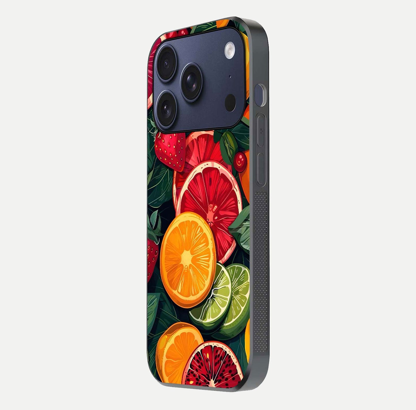 Multiple Fruits Glass Case for iPhone 17 Pro side-angle image showing glossy surface and vivid fruit pattern