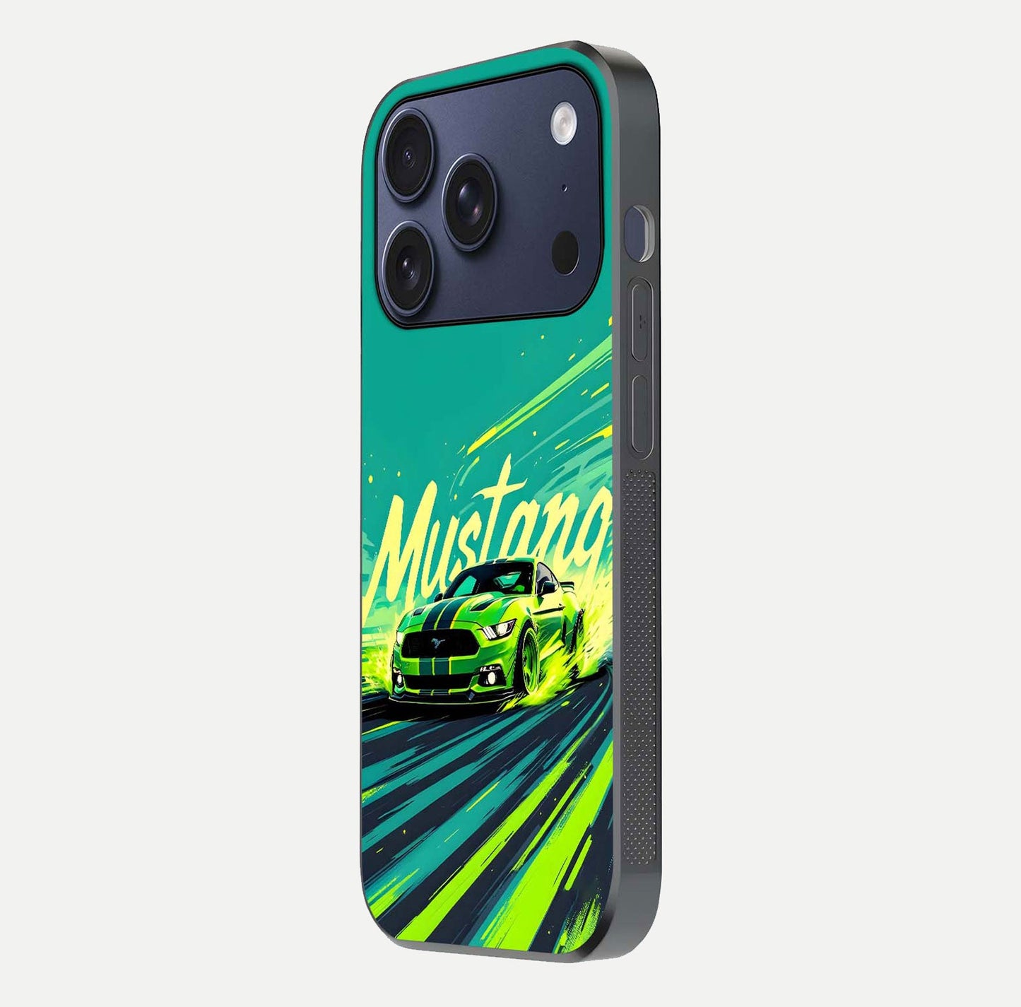 Mustang Bang Glass Case for iPhone 17 Pro side-angle image showing reflection clarity and bold car artwork