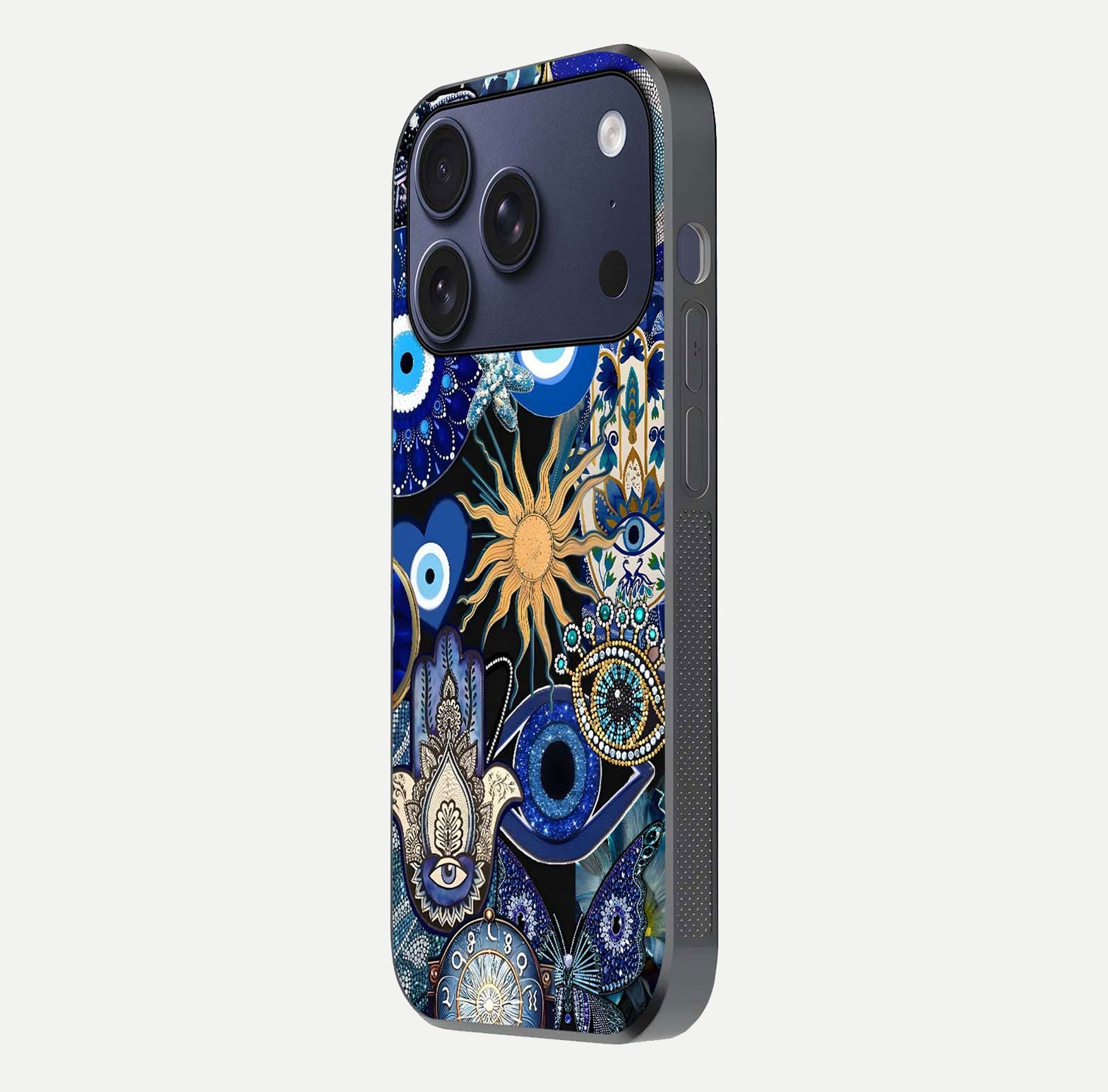 Mystic Blue Evil Eye Glass Case for iPhone 17 Pro side-angle image showing smooth gloss and charm design