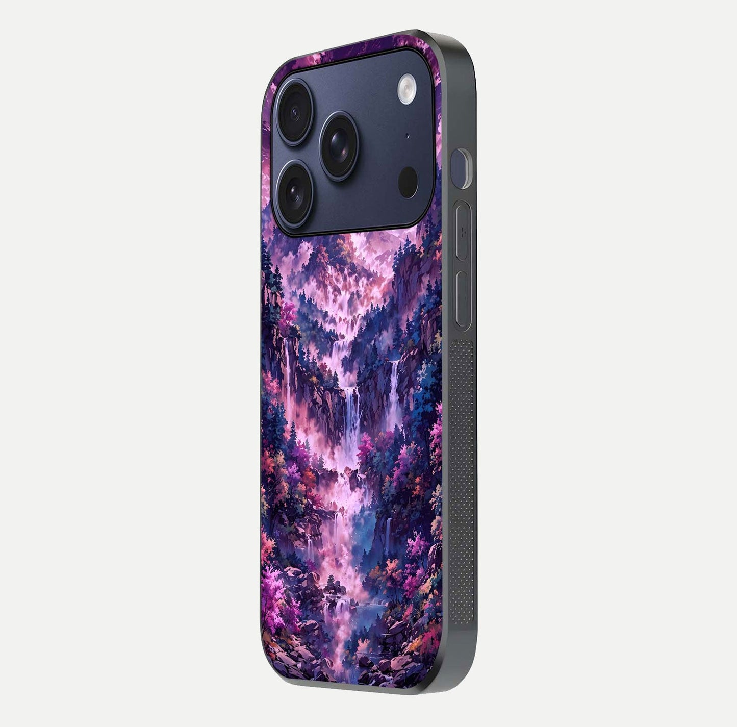 Mystic Cascade Peaks Glass Case for iPhone 17 Pro side-angle image showing reflection and scenic art clarity