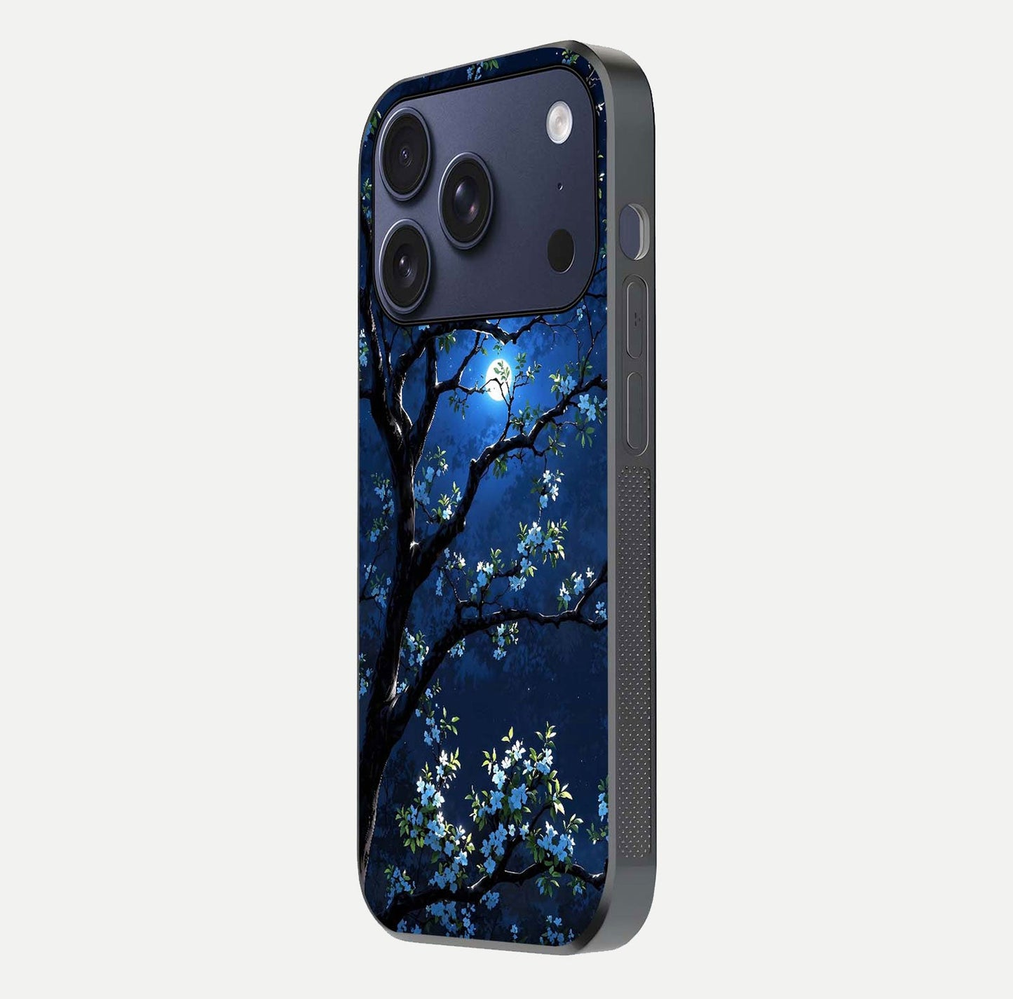 Mystic Floral Night Glass Case for iPhone 17 Pro side-angle image showing gloss surface and midnight floral tones