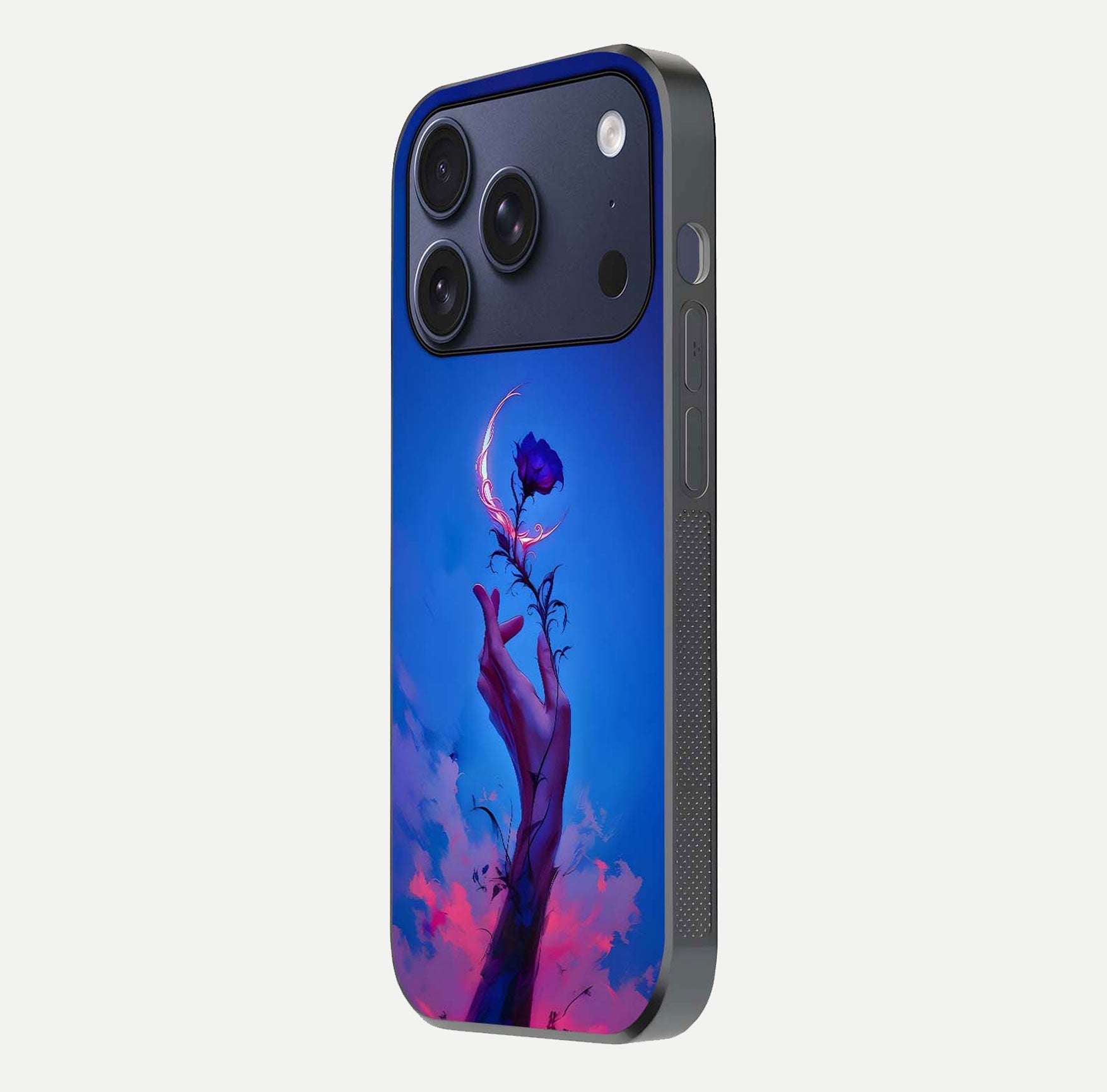 Mystic Hand Glass Case for iPhone 17 Pro side-angle image showing reflection depth and sacred aesthetic