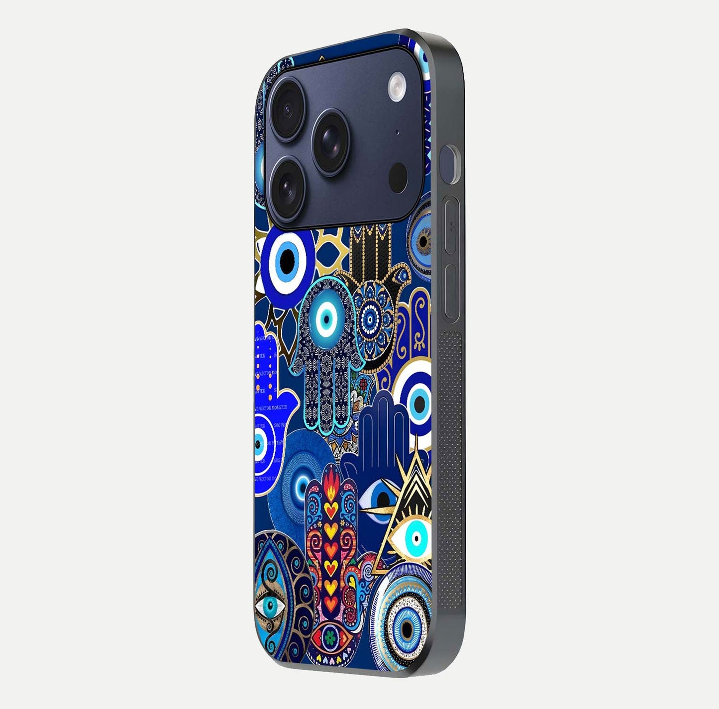 Mystic Palm Guard Glass Case for iPhone 17 Pro side-angle image showing shine depth and sacred motif
