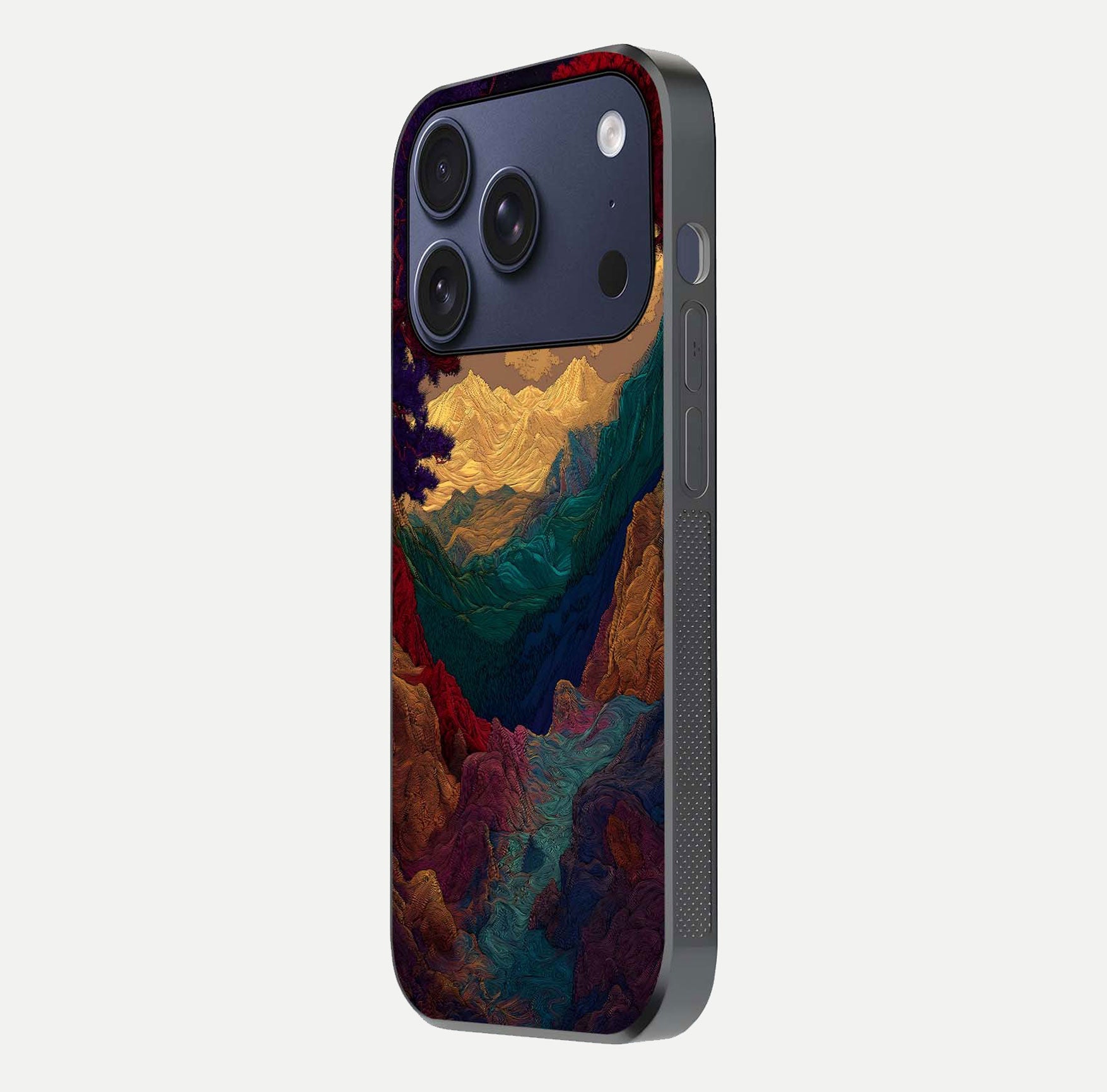 Mystic Valley Light Glass Case for iPhone 17 Pro side-angle image showing shine and peaceful hues