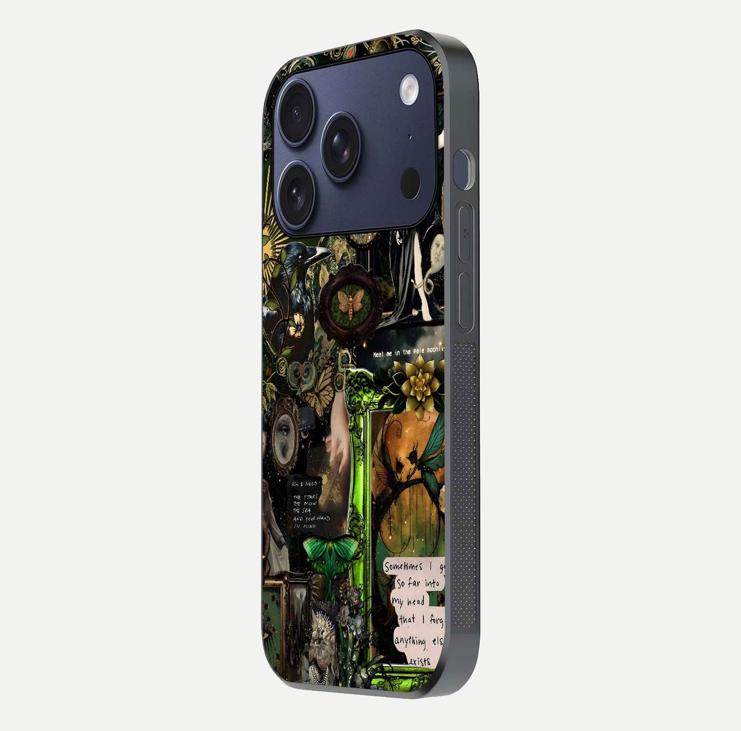 Mystic Woods Secret Glass Case for iPhone 17 Pro side-angle image showing gloss reflection and forest pattern