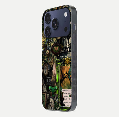 Mystic Woods Secret Glass Case for iPhone 17 Pro side-angle image showing gloss reflection and forest pattern