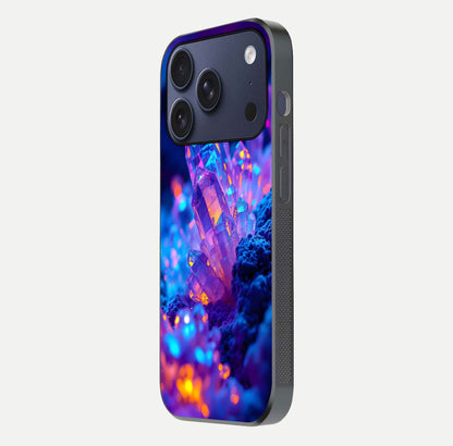 Neon Aura Shards Glass Case for iPhone 17 Pro side-angle image showing light depth and glossy contrast
