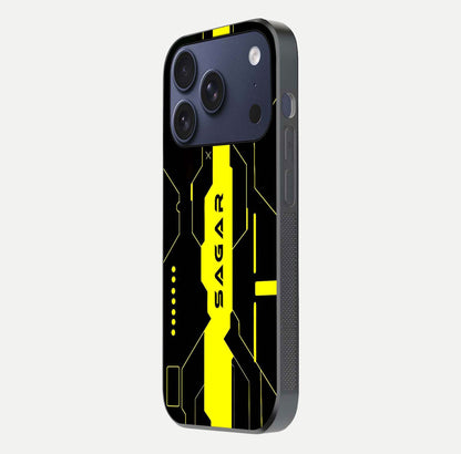 Neon CYBERPUNK Custom Name Glass Case for iPhone 17 Pro side-angle image showing glow depth and bold print