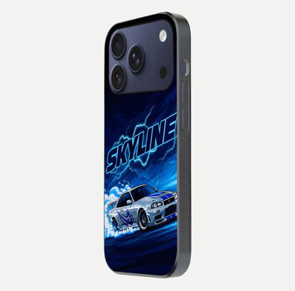 Neon Drift Beast Glass Case for iPhone 17 Pro side-angle image showing reflection depth and bold neon tones