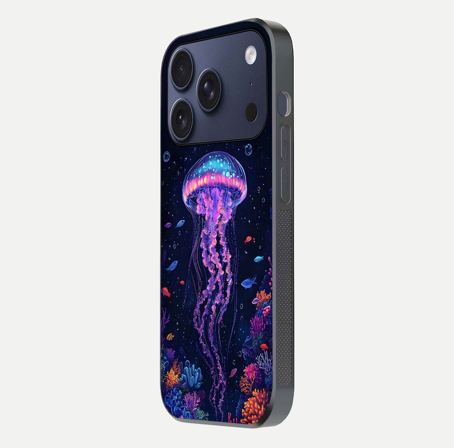 Neon Jellyfish Glass Case for iPhone 17 Pro side-angle image showing reflection and oceanic light detailing