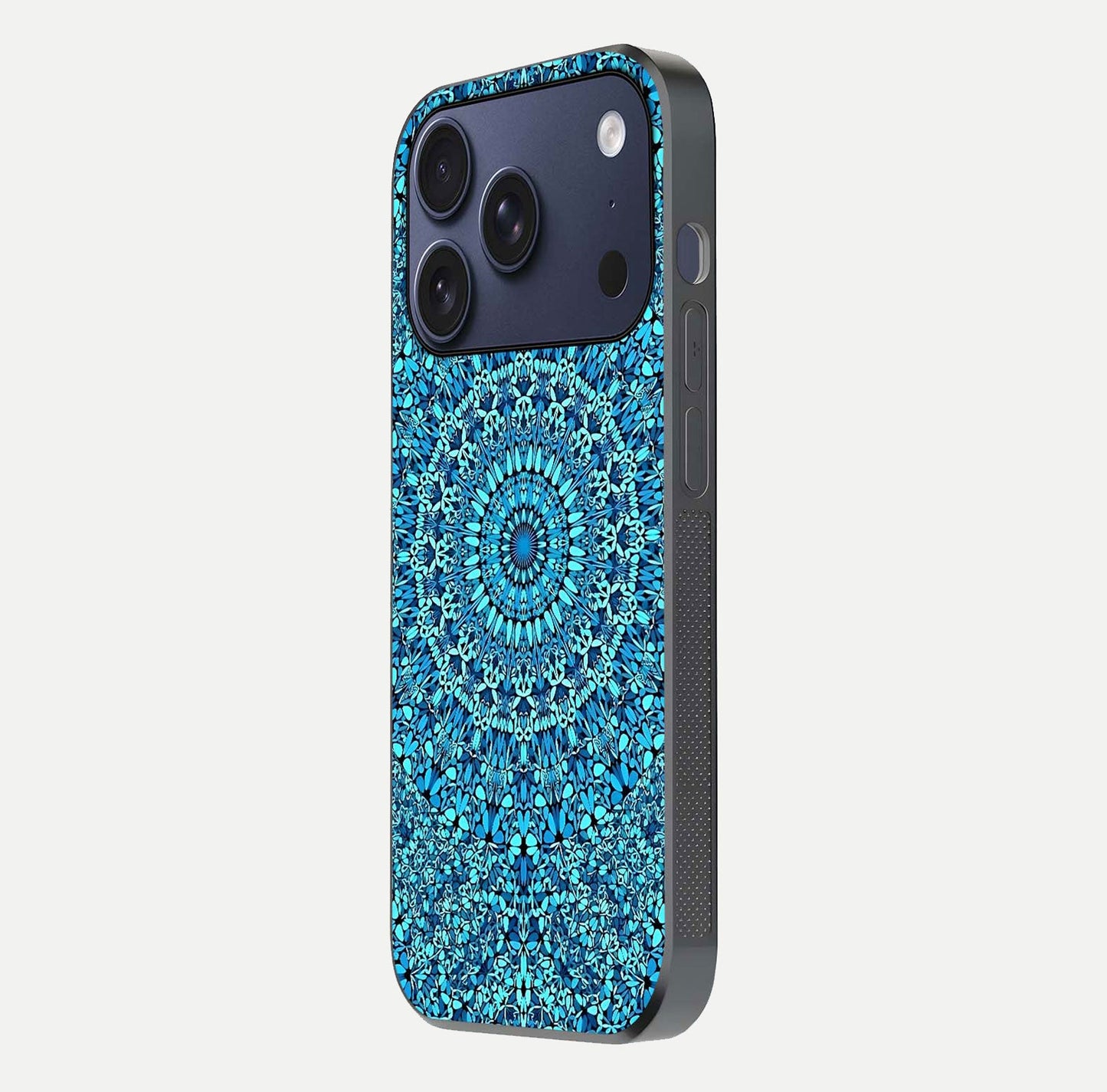Ocean Bloom Mandala Glass Case for iPhone 17 Pro side-angle image showing reflection and detailed floral pattern