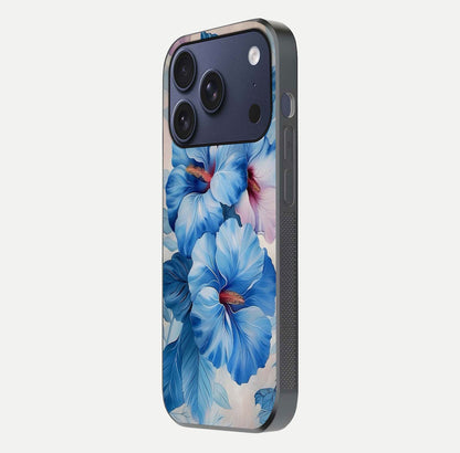 Ocean Hibiscus Grace Glass Case for iPhone 17 Pro side-angle image showing smooth texture and hibiscus details