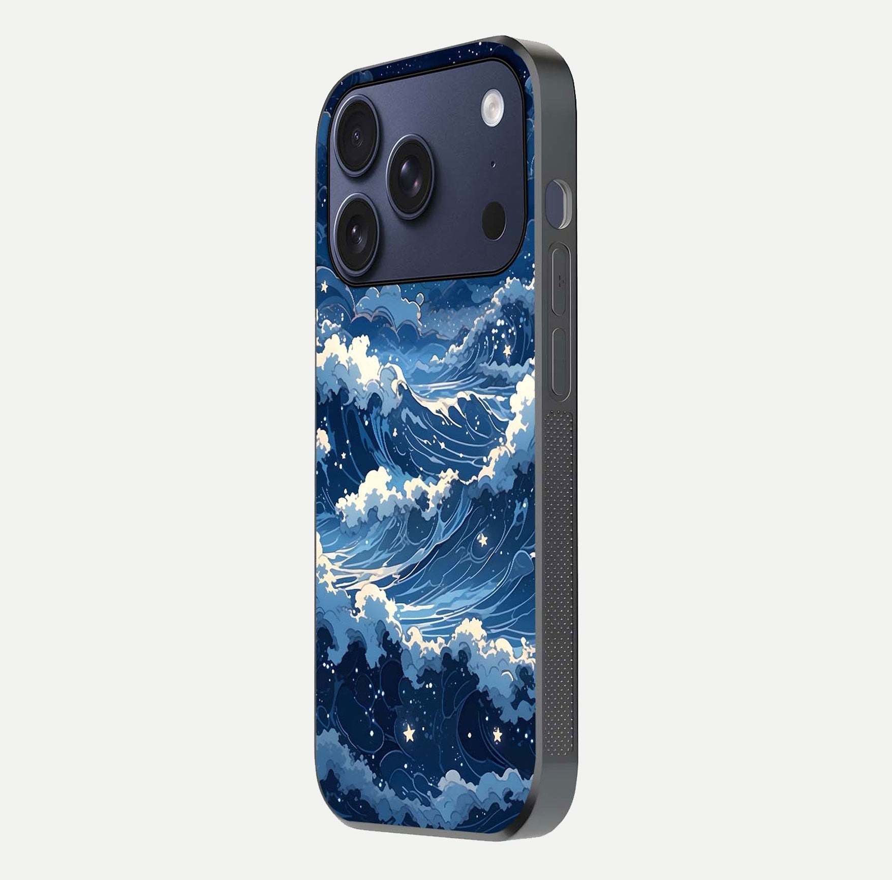 Ocean Moon Waves Glass Case for iPhone 17 Pro side-angle image showing shine and ocean gradient tones
