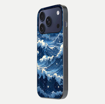 Ocean Moon Waves Glass Case for iPhone 17 Pro side-angle image showing shine and ocean gradient tones