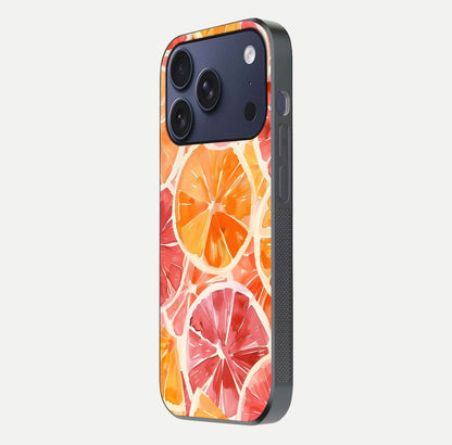 Orange Fruits Pattern Glass Case for iPhone 17 Pro side-angle image showing glossy shine and citrus pattern