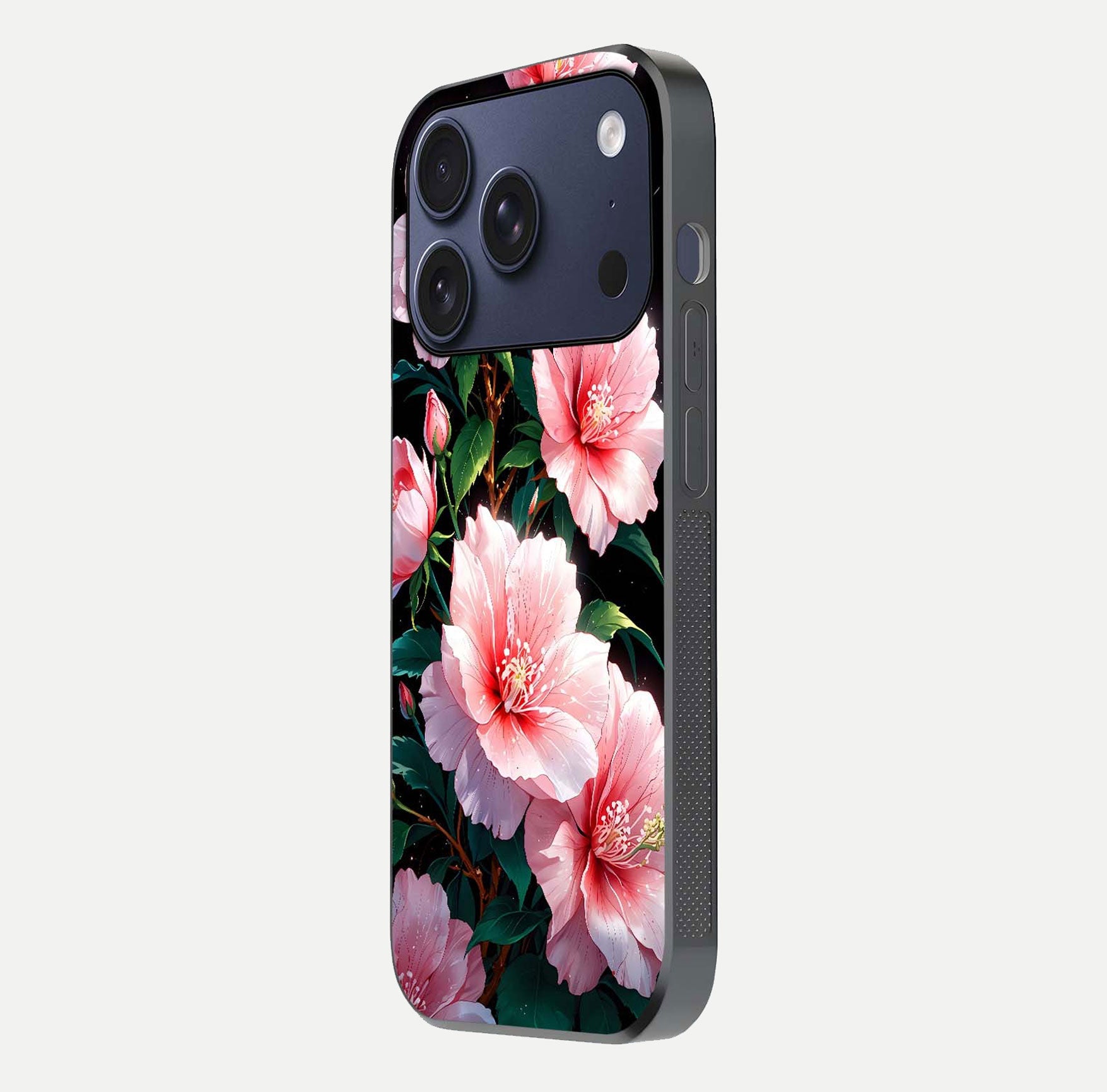 Peach Flower Glass Case for iPhone 17 Pro side-angle image showing gloss depth and peach blossom detail