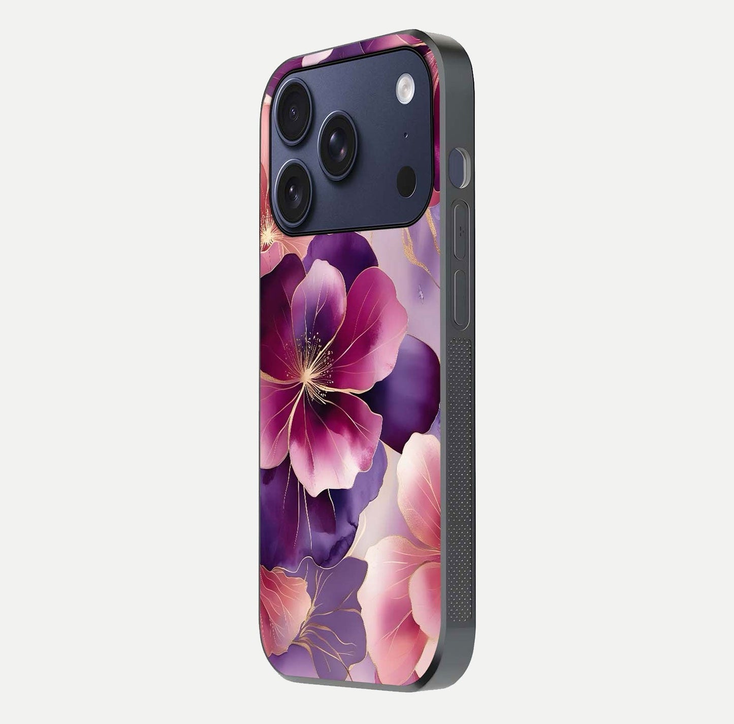 Pink Bouquet Florals Glass Case for iPhone 17 Pro side-angle image showing floral texture and reflection clarity