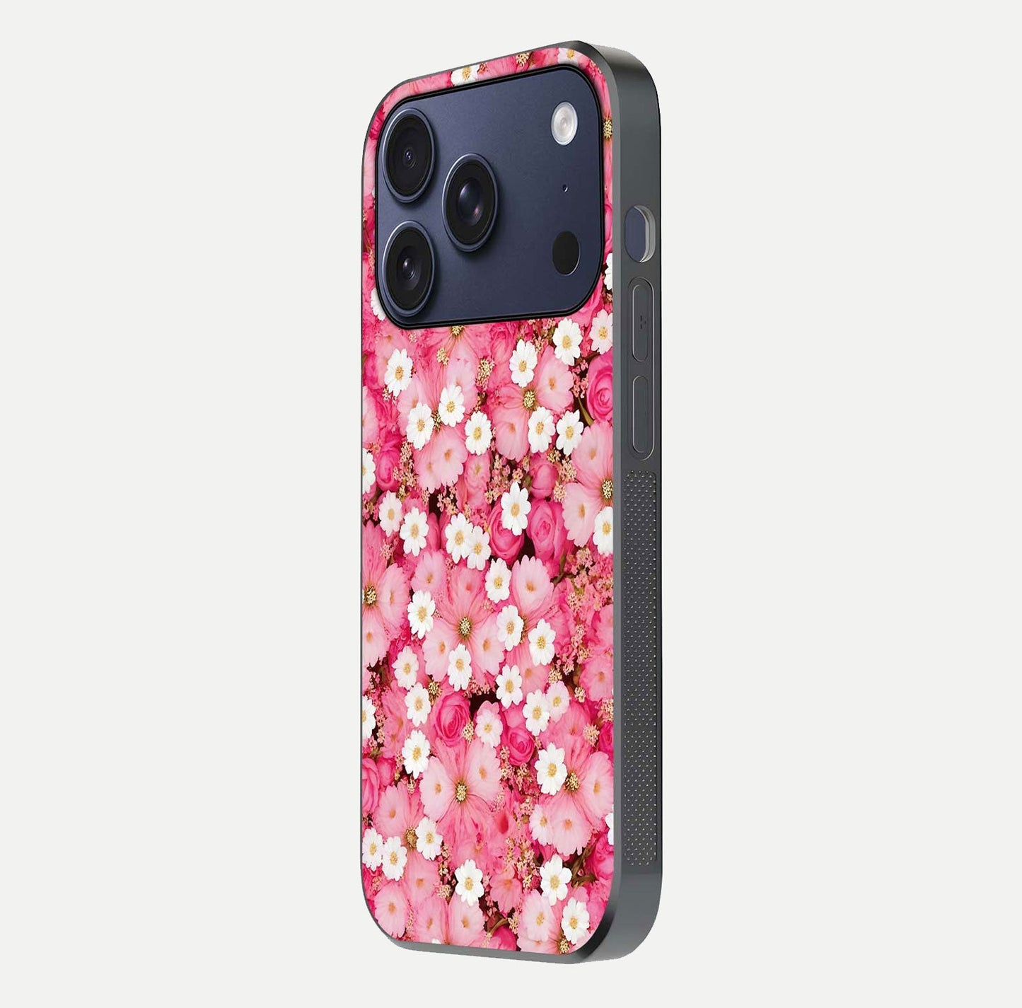 Pink Daisy Bliss Glass Case for iPhone 17 Pro side-angle image showing delicate daisy pattern and glass reflection