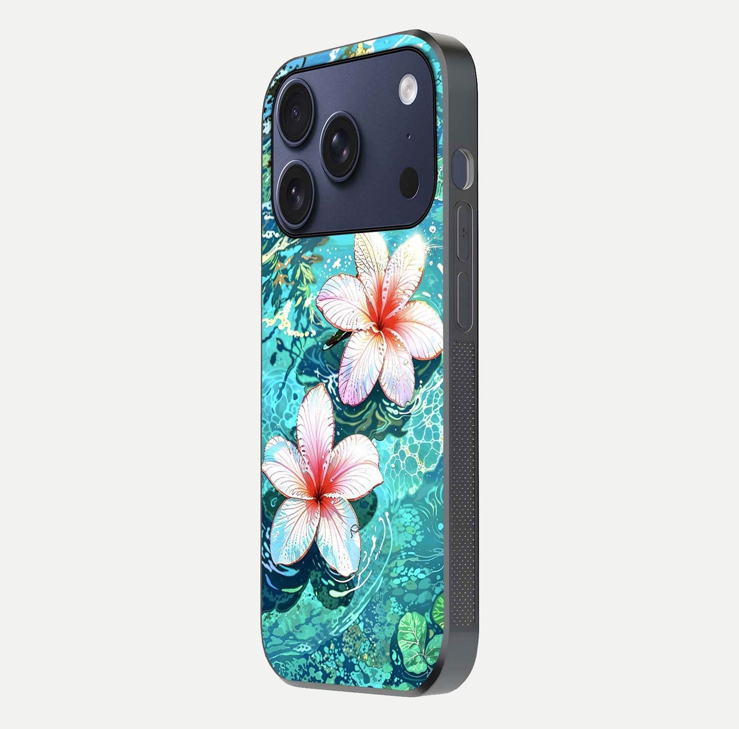 Pink Flowers in Water Glass Case for iPhone 17 Pro side-angle image showing reflection and depth of detail