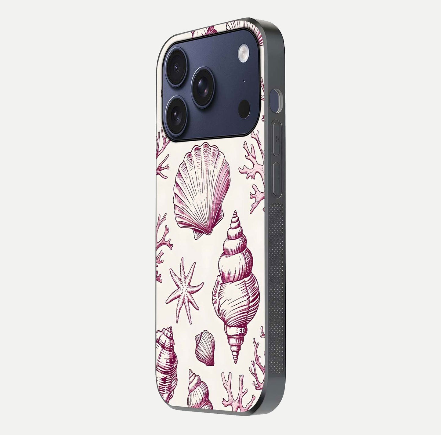 Pink Shells Outline Glass Case for iPhone 17 Pro side-angle image showing shine and intricate outline texture