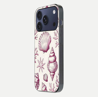 Pink Shells Outline Glass Case for iPhone 17 Pro side-angle image showing shine and intricate outline texture