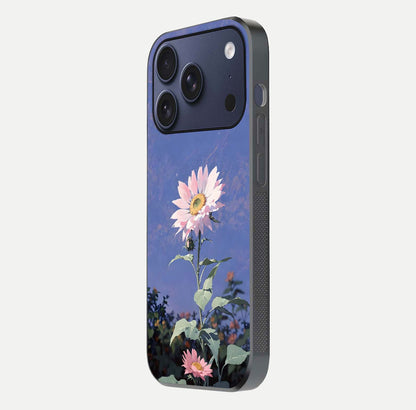Pink Sunflower Glow Glass Case for iPhone 17 Pro side-angle image showing glossy edges and vivid sunflower tones