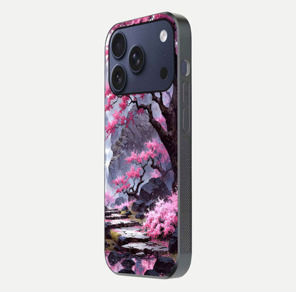 Pinkish Scenery Glass Case for iPhone 16 Pro side-angle image showing depth, gloss, and scenic details