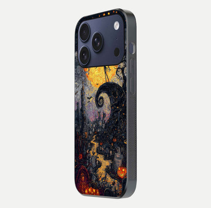 Pumpkin Moon Night Glass Case for iPhone 16 Pro side-angle image showing reflection depth and pumpkin pattern