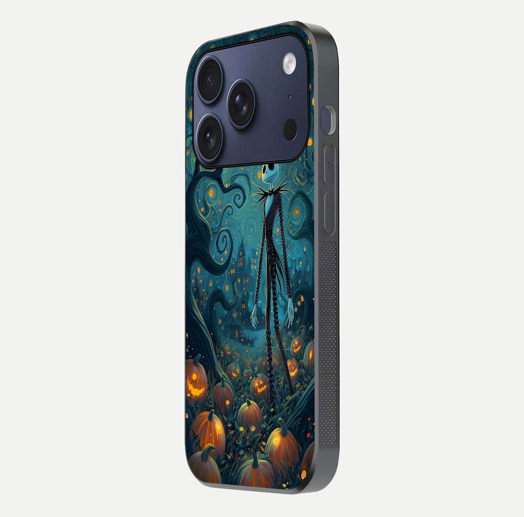 Pumpkin Moonlight Tale Glass Case for iPhone 16 Pro side-angle image showing glow texture and Halloween vibe