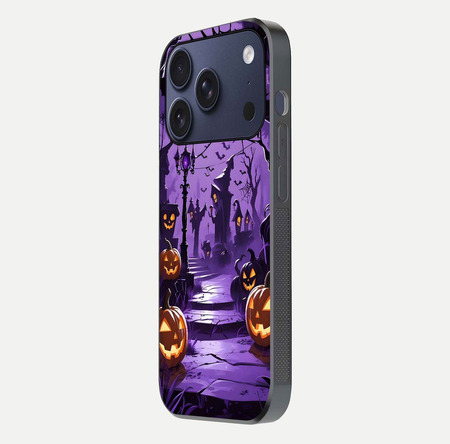 Pumpkin Patch Halloween Glass Case for iPhone 17 Pro side-angle image showing shine, camera cutout, and spooky art