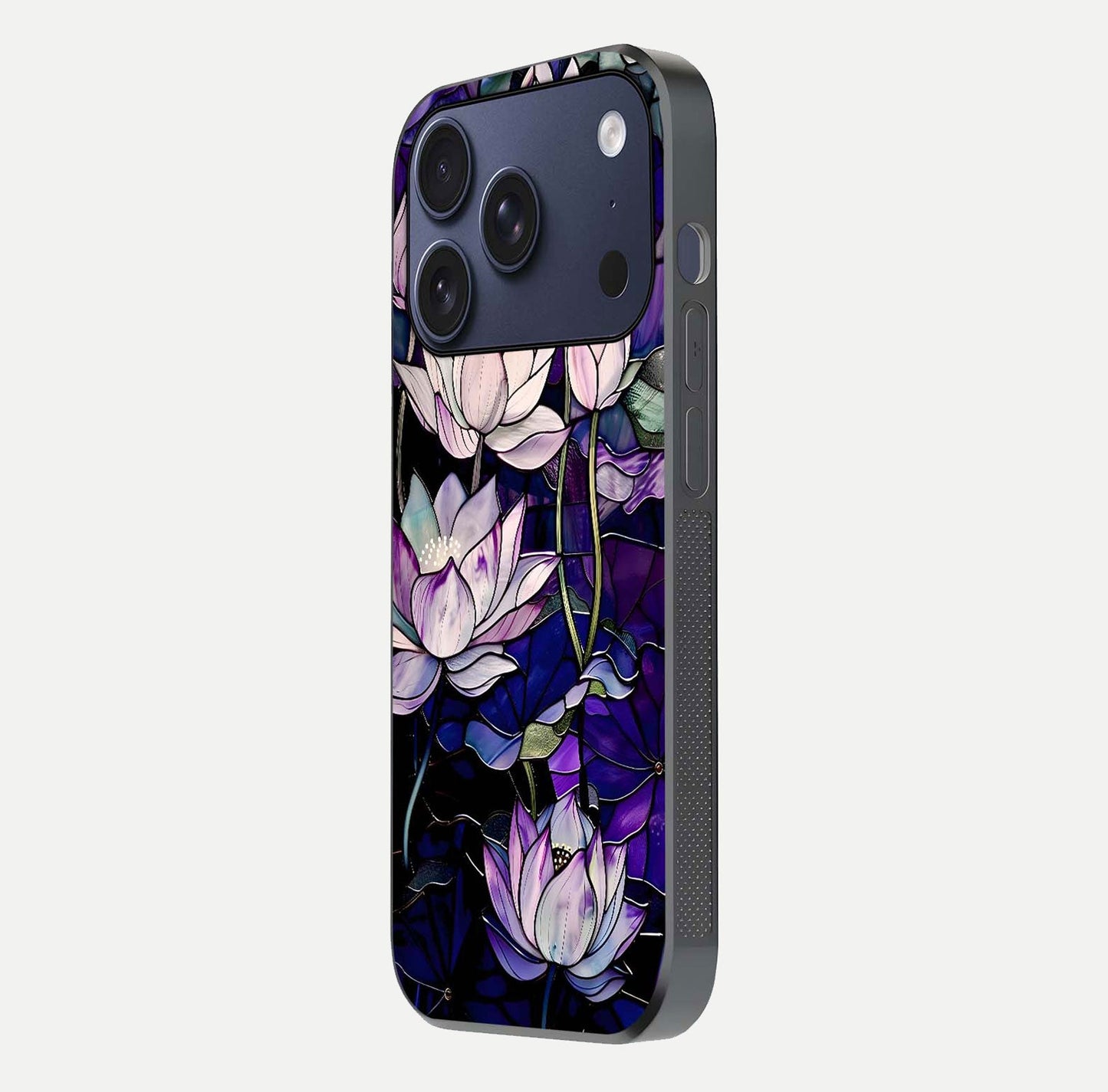 Purple Lotus Pattern Glass Case for iPhone 17 Pro side-angle image showing reflection depth and lotus detail