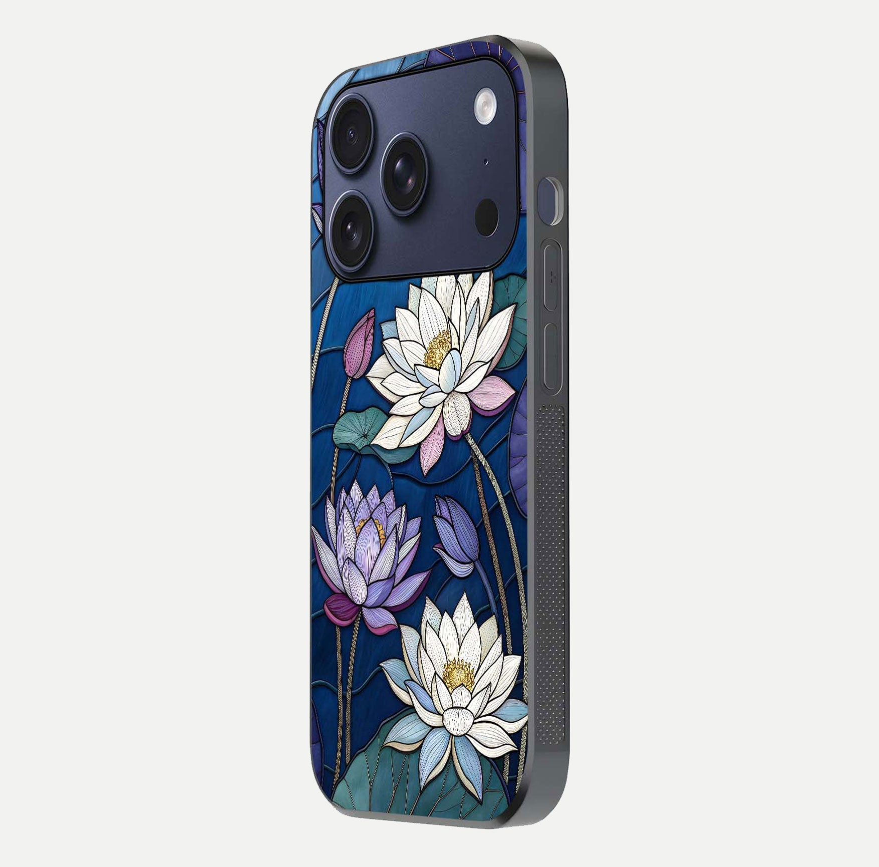 Purple Lotus Stained Glass Case for iPhone 17 Pro side-angle image showing gloss, reflection, and intricate detailing
