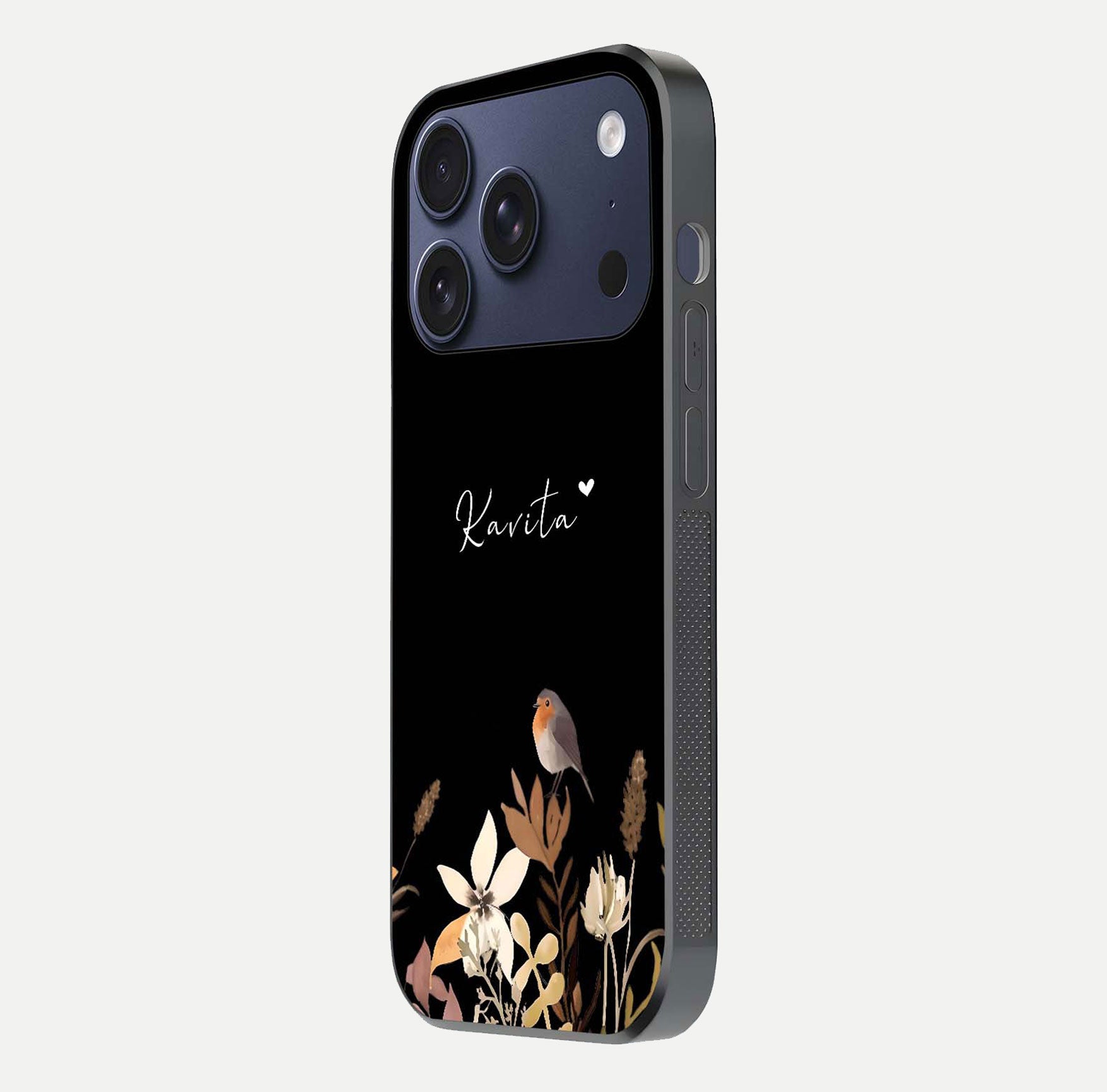 Quiet Garden Tune Custom Name Glass Case for iPhone 17 Pro side-angle image showing reflection and floral design
