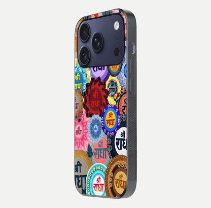 Radha Divine Bloom Glass Case for iPhone 17 Pro side-angle image showing shine, reflection, and floral motif