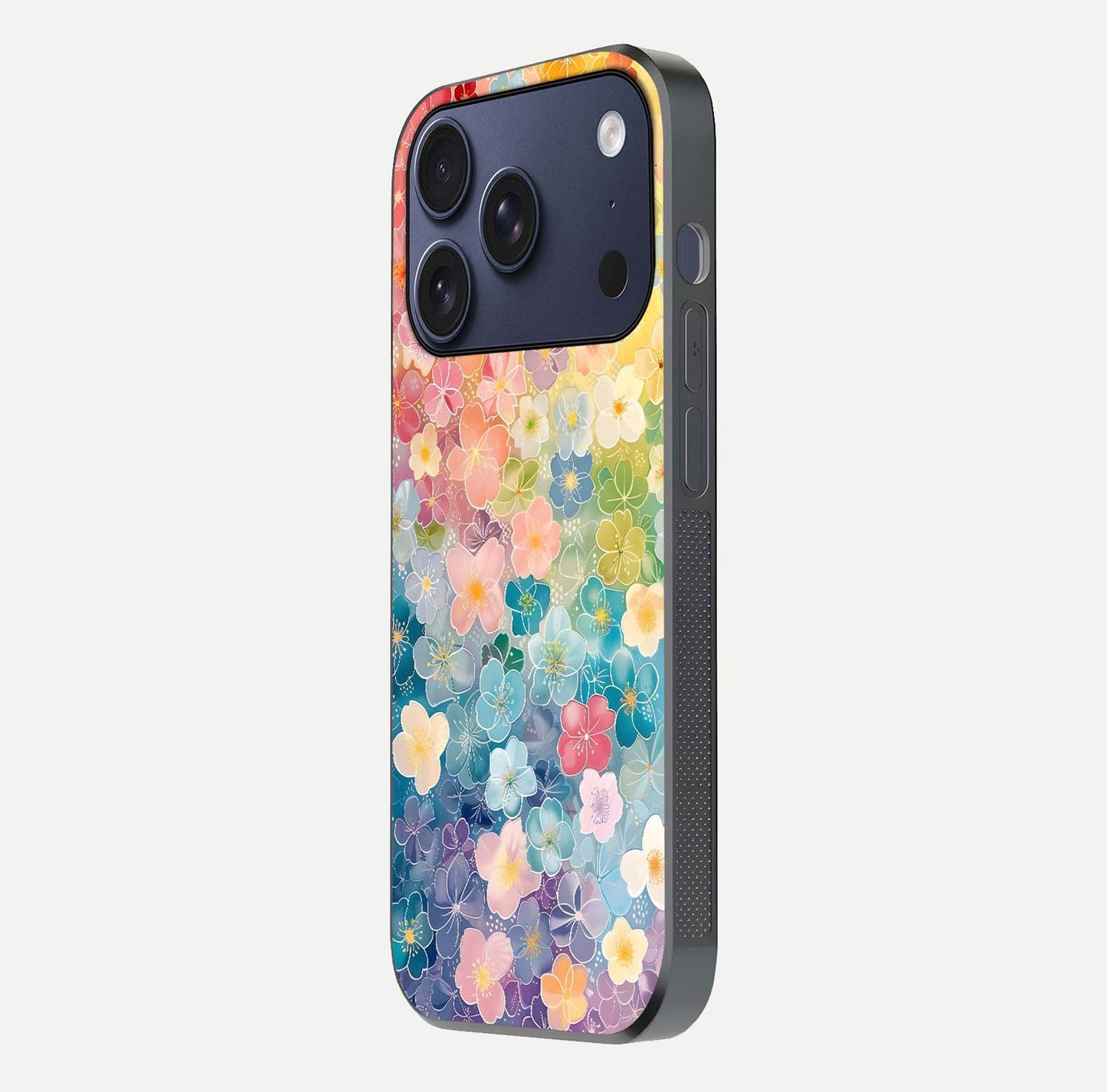 Rainbow Blossom Burst Glass Case for iPhone 17 Pro side-angle image showing reflection and floral burst detail