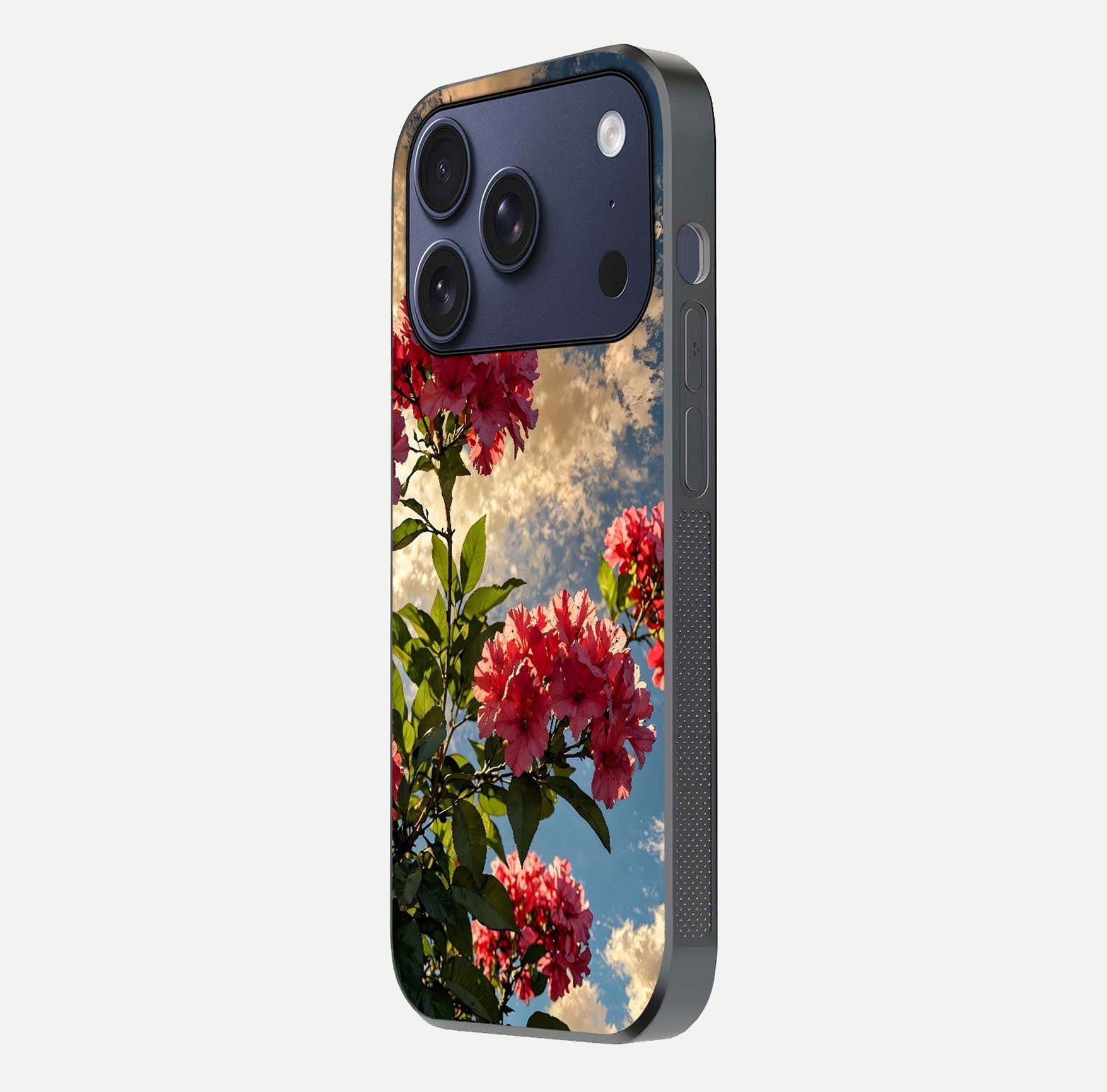 Red Bloom Skies Glass Case for iPhone 17 Pro side-angle image showing reflection, print clarity, and tone blend