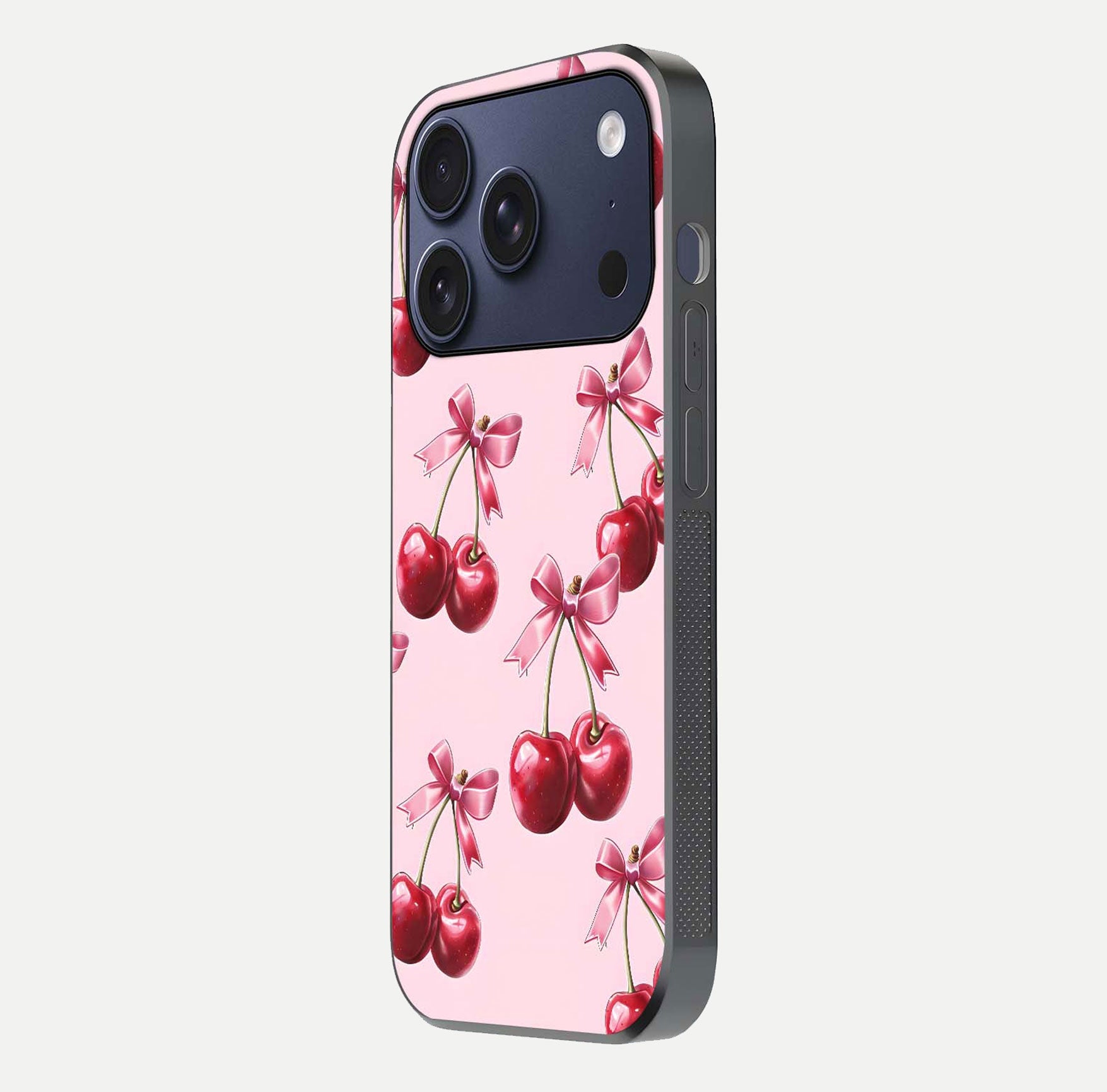 Red Bloom Skies Glass Case for iPhone 16 Pro side-angle image showing reflection, print clarity, and tone blend