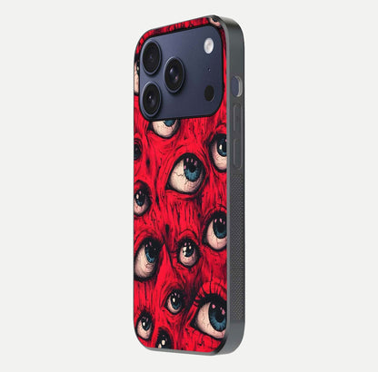 Red Eyes Pattern Glass Case for iPhone 17 Pro side-angle image showing shine, detail, and red tone clarity
