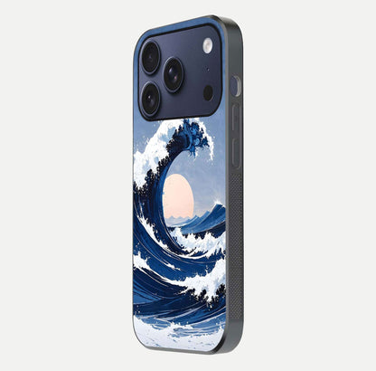 Rising Tide Power Glass Case for iPhone 16 Pro side-angle image showing shine and detailed ocean art