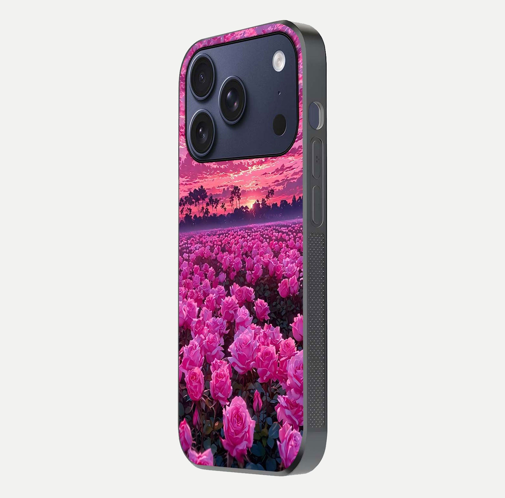 Rose Sunset Valley Glass Case for iPhone 17 Pro side-angle image showing smooth edges and floral glow