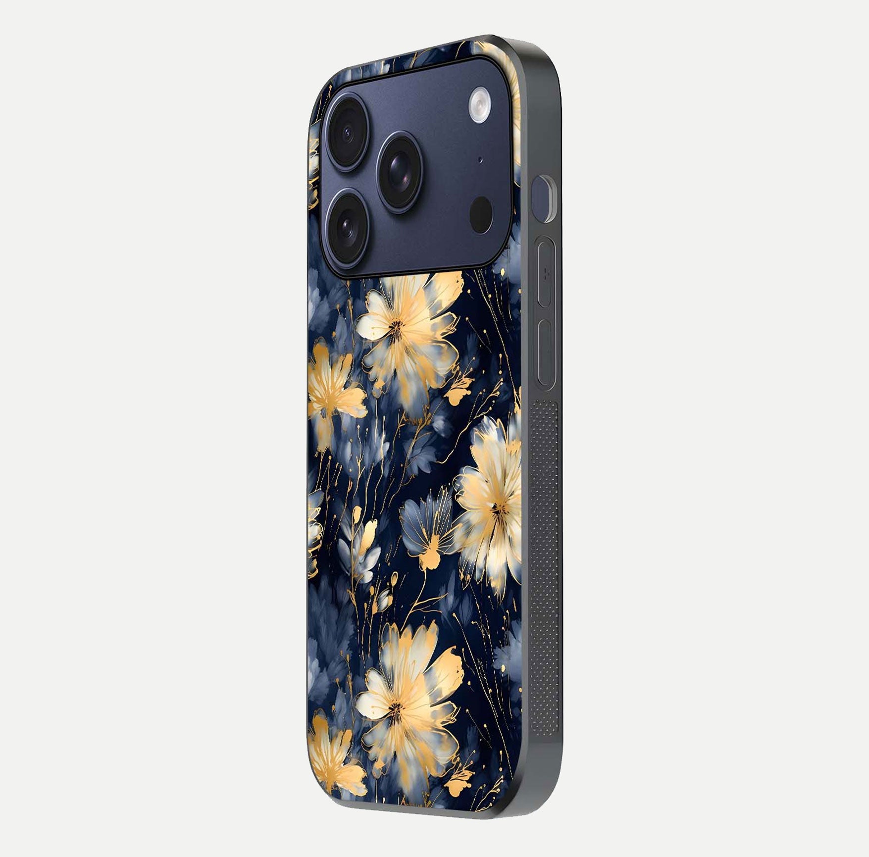 Royal Petal Dream Glass Case for iPhone 17 Pro side-angle image showing smooth edges and royal bloom details