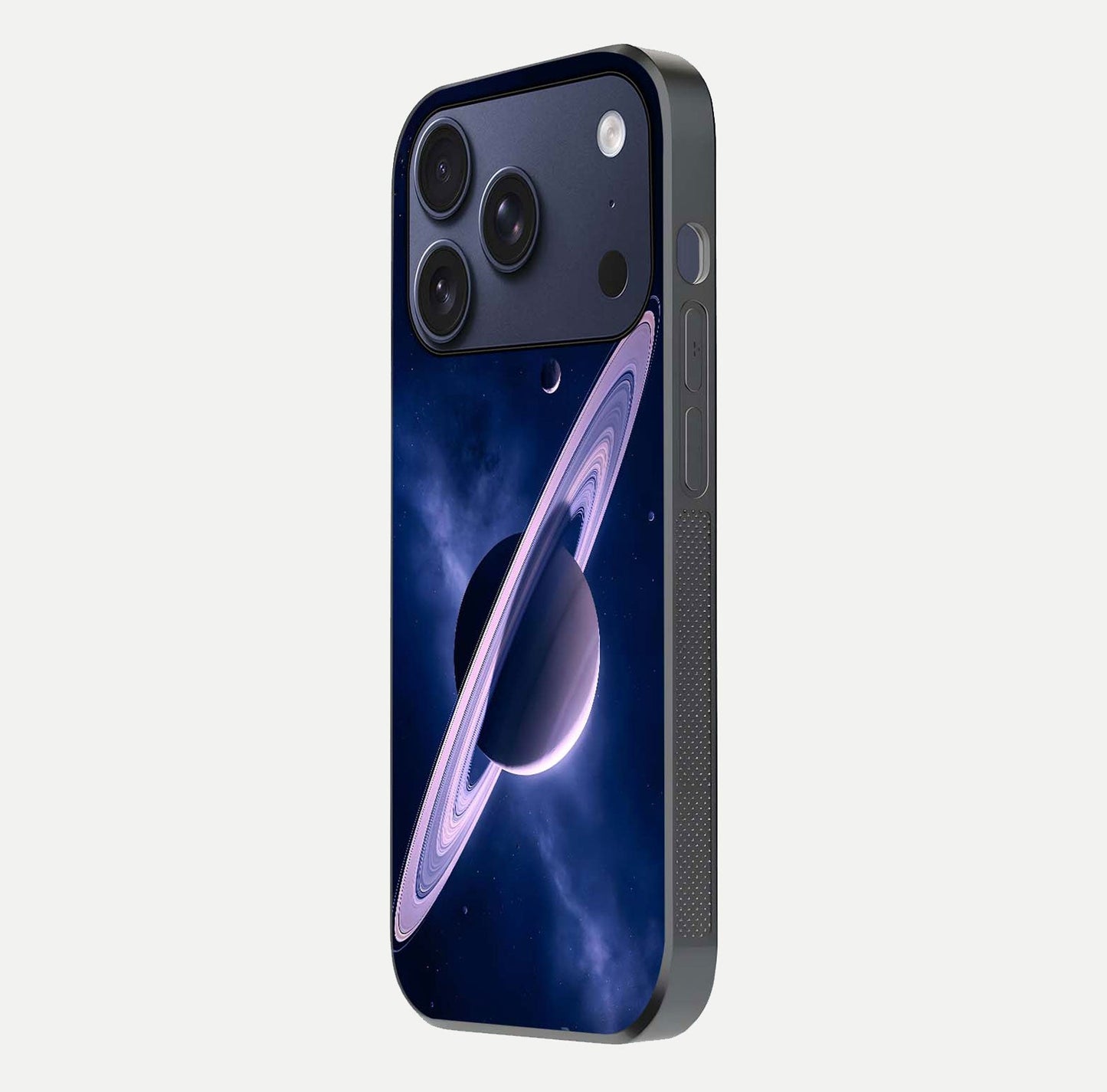 Saturn Ring Mystique Glass Case for iPhone 17 Pro side-angle image showing shine and galaxy ring focus