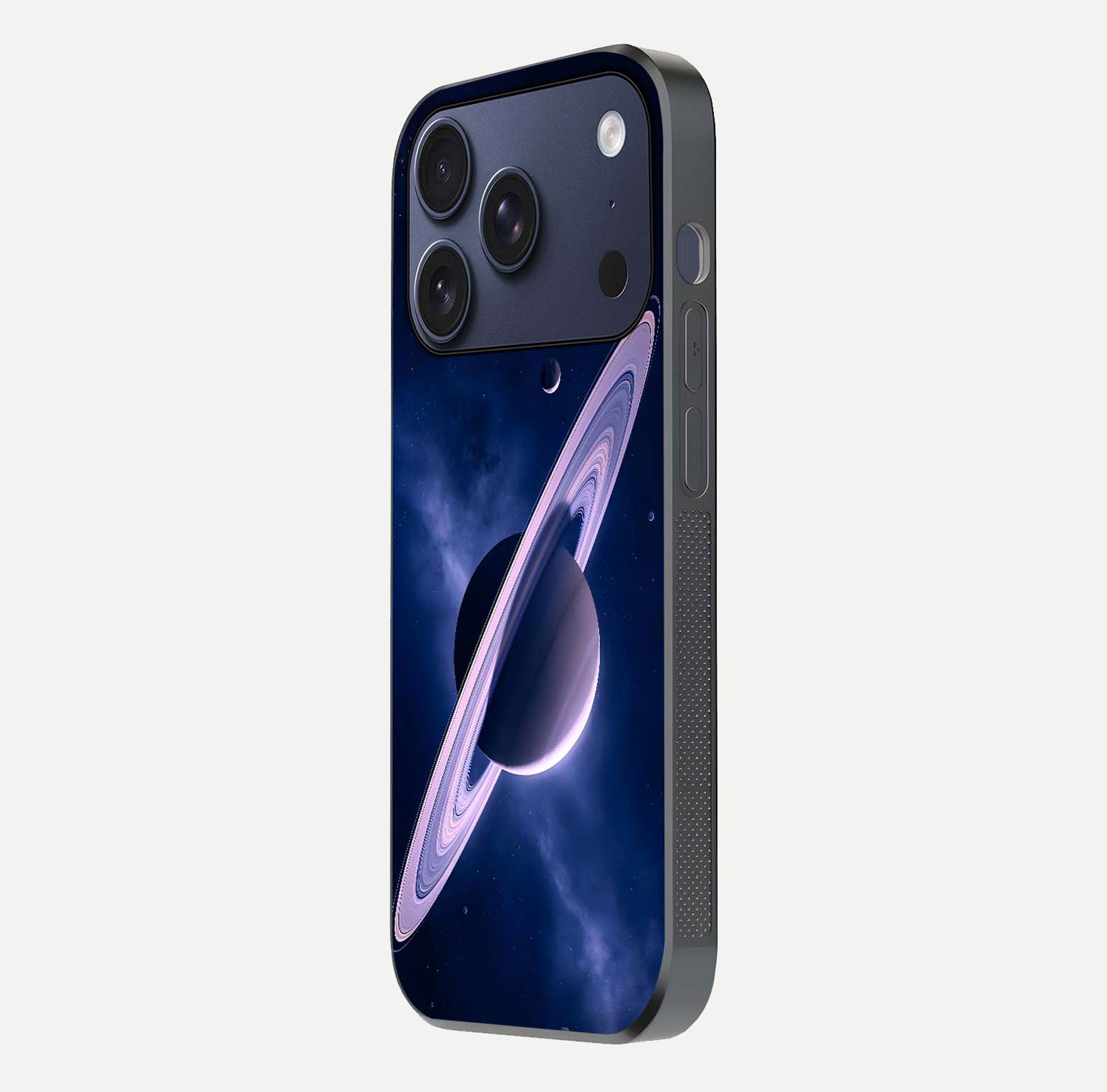 Saturn Ring Mystique Glass Case for iPhone 17 Pro side-angle image showing shine and galaxy ring focus